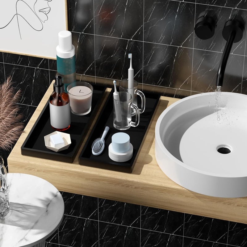 BBK Bathroom Vanity Tray 11.8 in- 2 Pack(Large) Silicone Bathroom Tray for Counter, Perfume Key Trinket Ring Tray, Decor Soap Dispenser Countertop Tray for Kitchen Sink Organization (Black) - Image 2